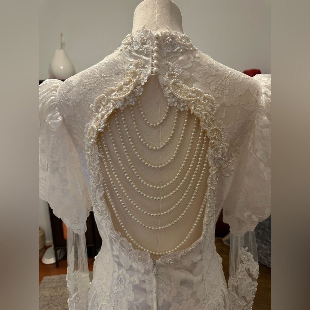 Vintage wedding dress - pearls and lace with train.